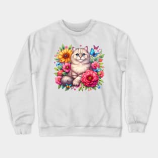 A cat decorated with beautiful colorful flowers. Crewneck Sweatshirt